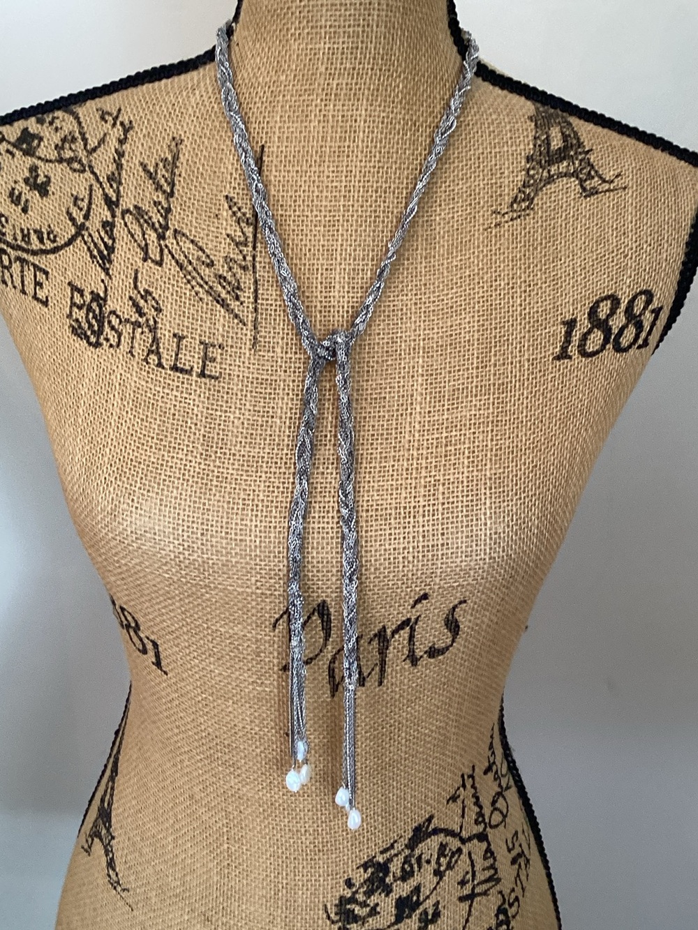 Stella & Dot Josephine Silver Braided Lariat with Pearl Drops